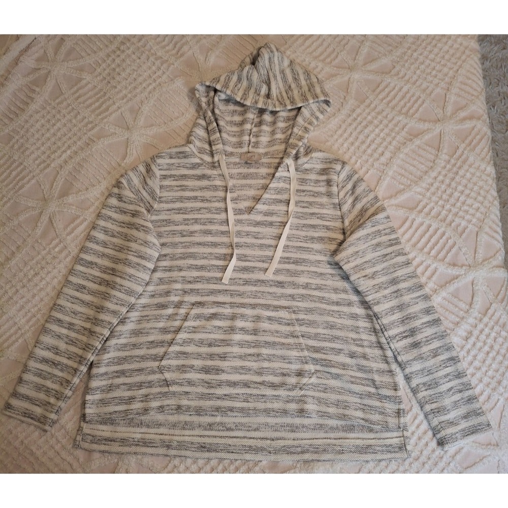 Loft Outlet Large Hoodie Grey White Striped V-Neck Kangaroo Pocket Pullover